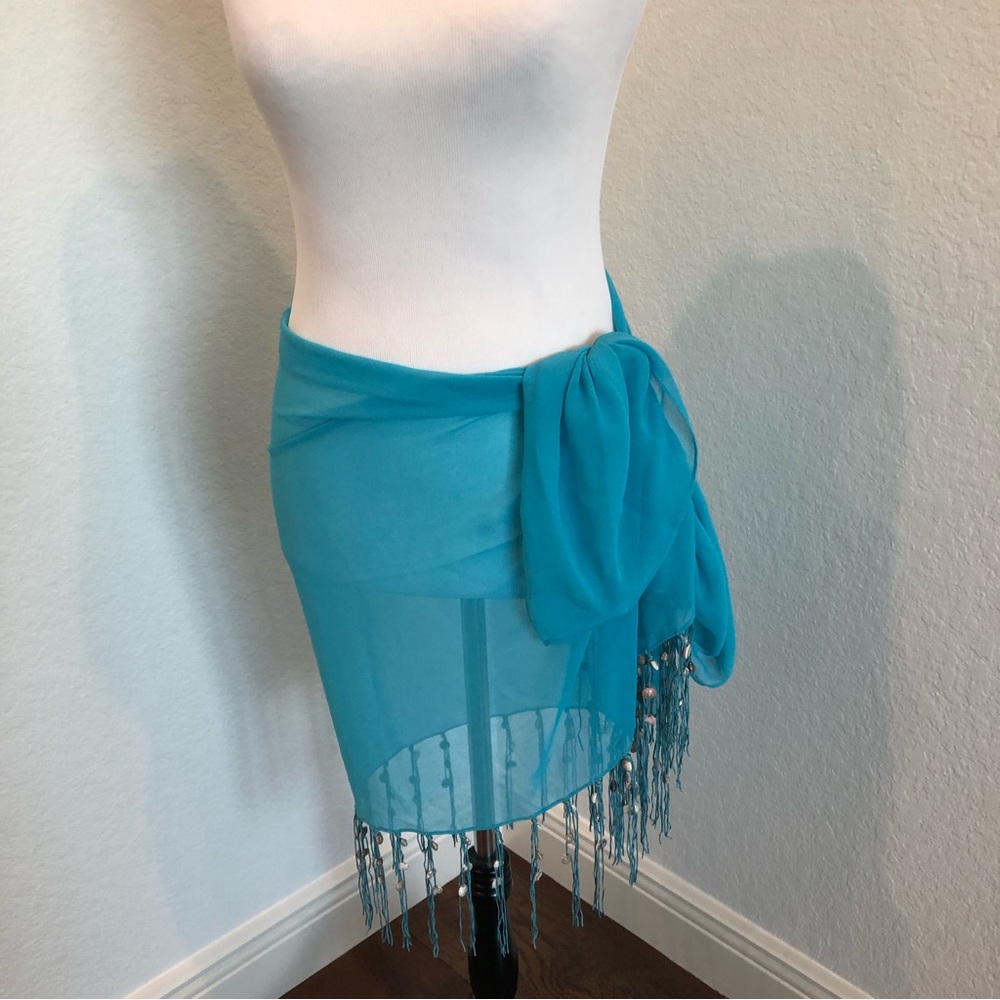 Sheer Aqua Bathing Suit Cover / Sarong with Shell Fringe